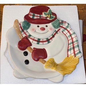 Fitz & Floyd Plaid Christmas Snowman TRAY Appetizer DISH Wall Hanging 9X8”
